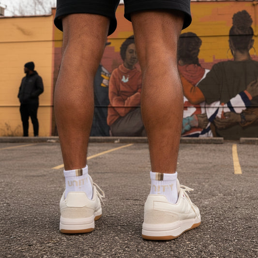 A person standing in a parking lot wearing white sneakers and white socks, with a mural of people in the background against a yellow wall.