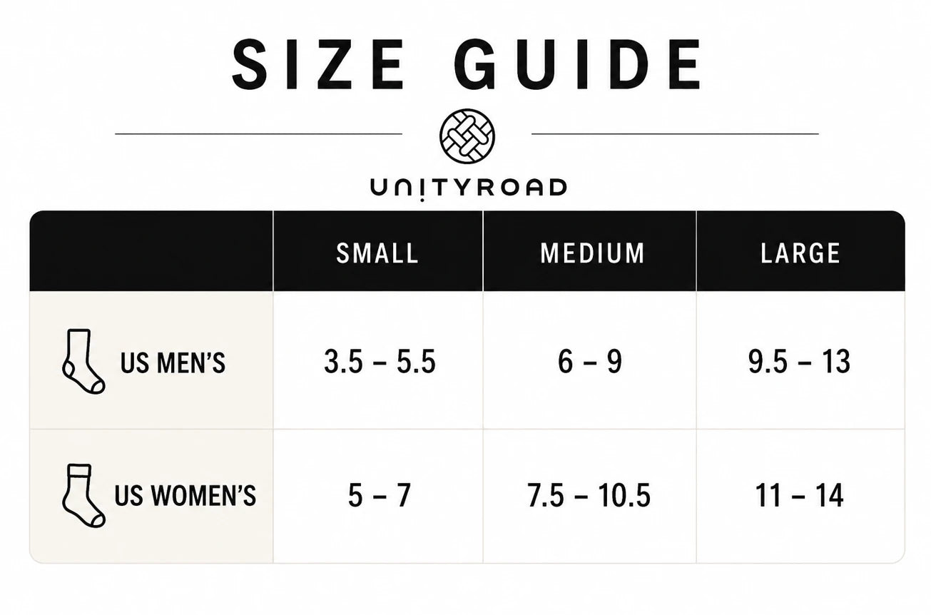 UnityRoad size guide. Small fits US men's 3.5 to 5.5 and US women's 5 to 7. Medium fits US men's 6 to 9 and US women's 7.5 to 10.5. Large fits US men's 9.5 to 13 and US women's 11 to 14.